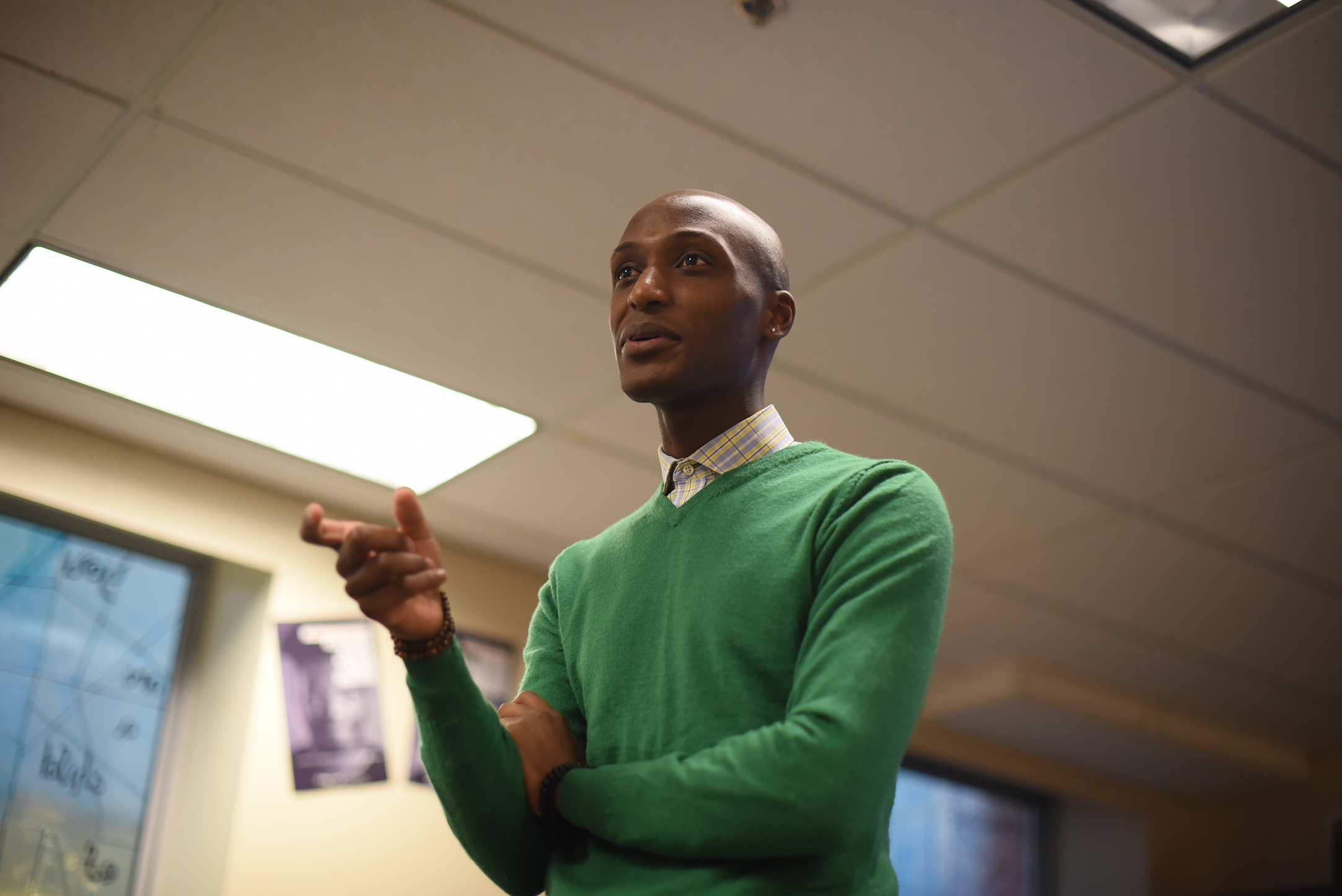 Daniel Trust, a survivor of the Rwandan Genocide, is seen speaking at the Rainbow Center in UConn's Student Union in Storrs, Connecticut, on Thursday, Nov. 19, 2015. Trust eventually immigrated to America, graduating from Bassick High School in Bridgeport and then from Southern Connecticut State University. (Allen Lang/The Daily Campus)