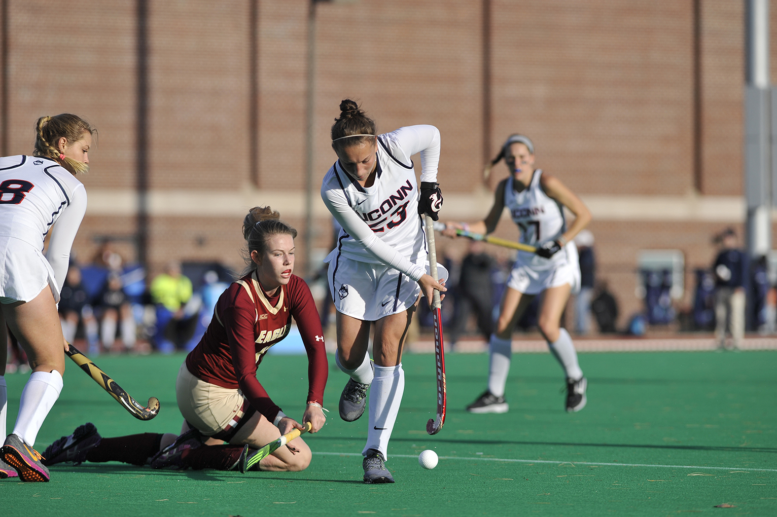 UConn graduate student midfielder Pippa Lewis fights for the ball during the Huskies' game against Boston College at the Sherman Family Sports Complex on Sunday, Nov. 15, 2015. (Jason Jiang/The Daily Campus)