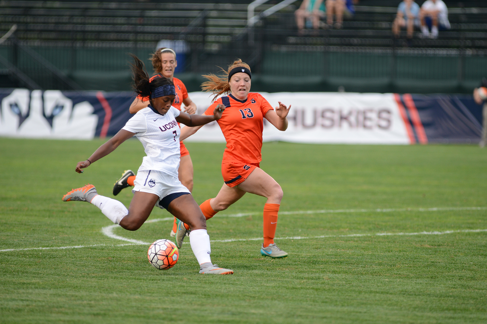 UConn senior forward Liana Hinds takes a shot during the Huskies' game against Syracuse at Joseph J. Morrone Stadium in Storrs, Connecticut. (Jason Jiang/The Daily Campus)