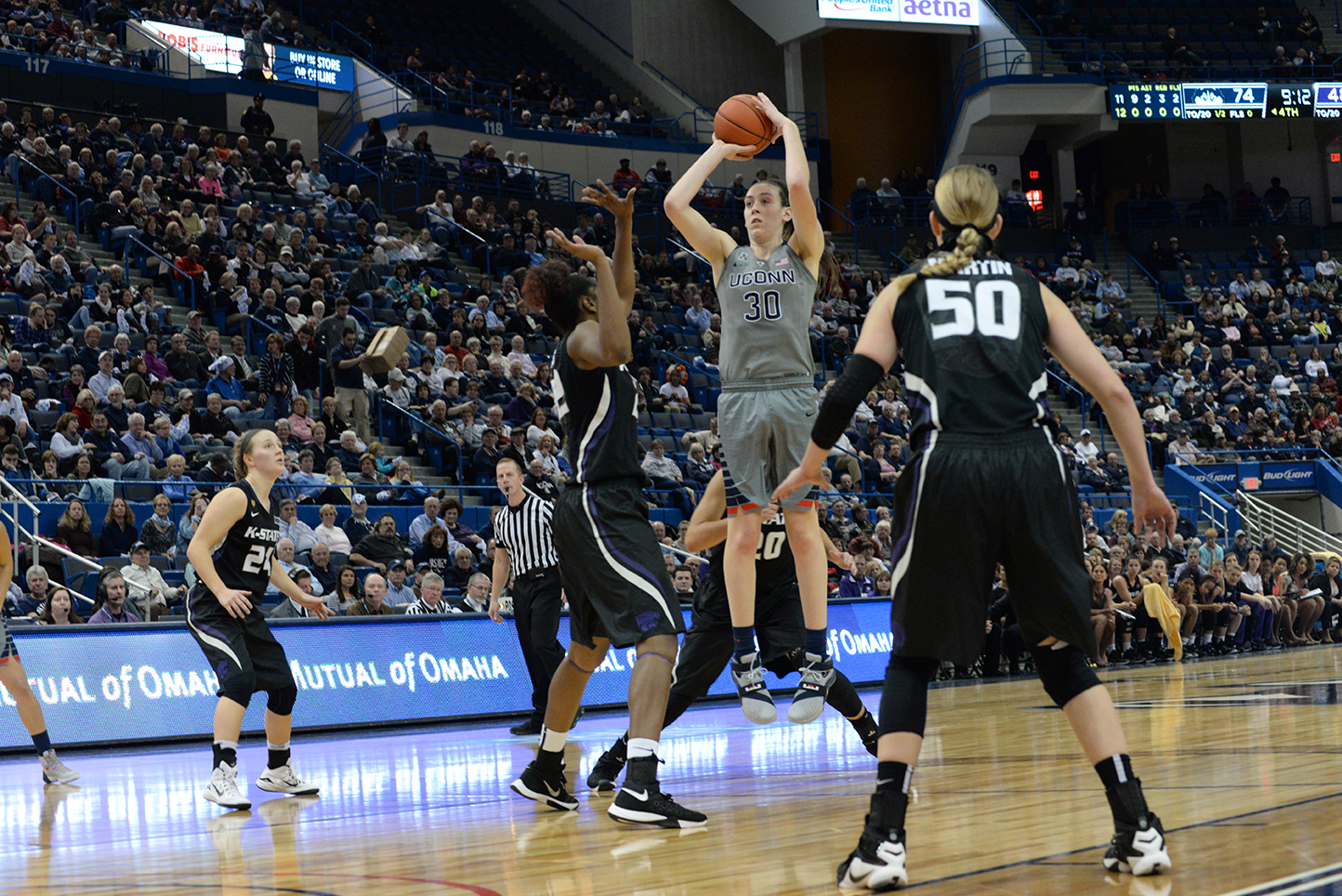 UConn women's basketball forward Breanna Stewart takes a shot during the Huskies' game against Kansas State at the XL Center in Hartford, Connecticut on Monday, Nov. 23, 2015. Stewart scored her 2,000th career point in the win. (Ashley Maher/The Daily Campus)