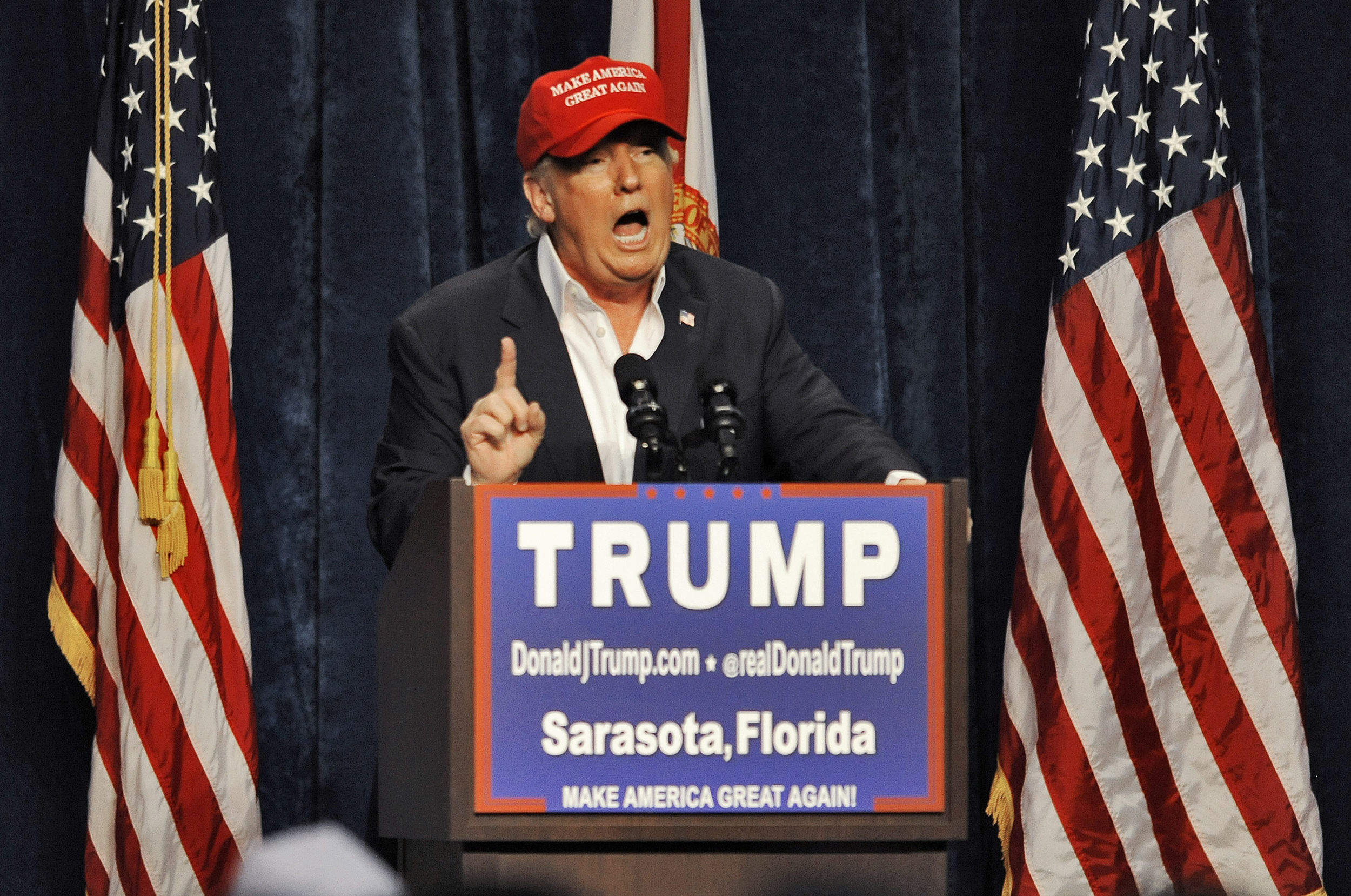 Republican presidential candidate Donald Trump speaks to supporters at a campaign rally Saturday, Nov. 28, 2015 at Robarts Arena in Sarasota, Fla. Trump bragged about his high standing in the polls, slammed super PACS as "a scam" and dismissed nomination rivals Marco Rubio and Jeb Bush in a campaign stop Saturday in their home state of Florida. (Steve Nesius/AP)