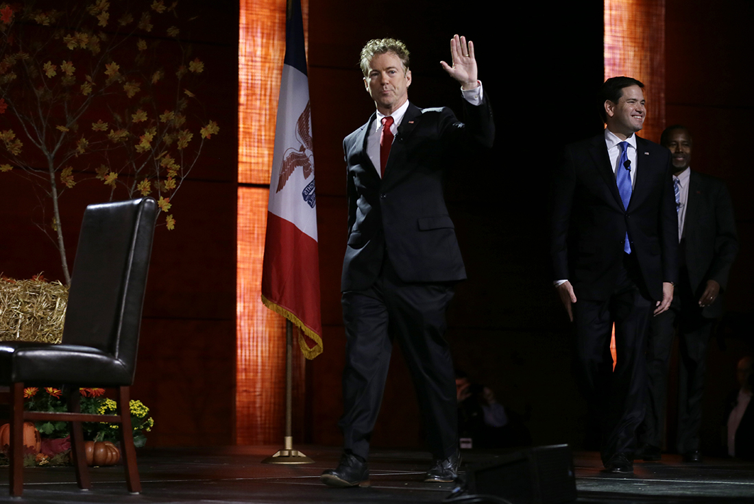Republican presidential candidate, Sen. Rand Paul, R-Ky., walks on stage at the start of the Presidential Family Forum, Friday, Nov. 20, 2015, in Des Moines, Iowa. (AP)