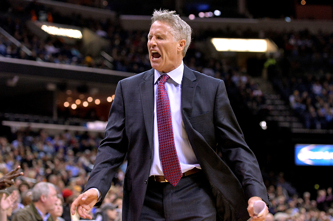 Philadelphia 76ers head coach Brett Brown reacts in the second half of an NBA basketball game against the Memphis Grizzlies on Sunday, Nov. 29, 2015, in Memphis, Tenn. (AP).