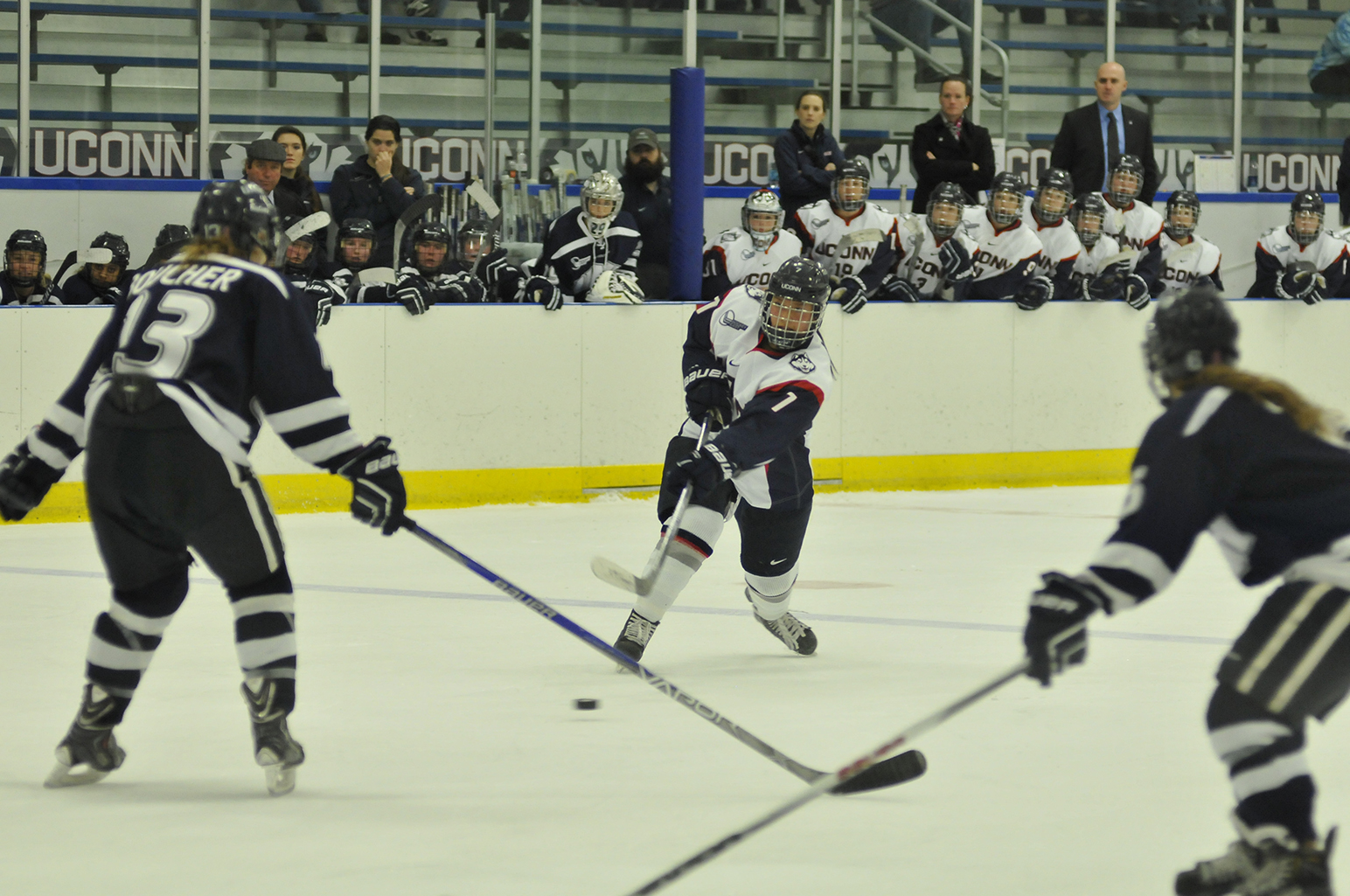 Sophomore defender Leah Lum takes a shot during UConn's 2-1 loss against New Hampshire on Nov. 8, 2015. The Huskies split a home-and-home series this weekend against BU. (Jason Jiang/The Daily Campus)