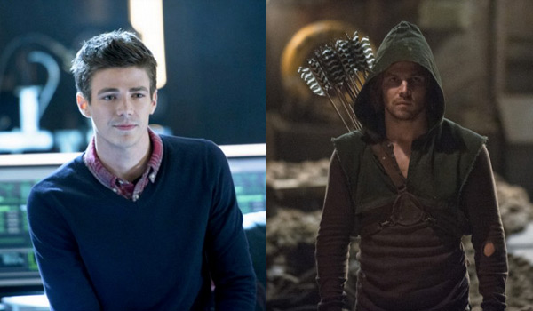 Grant Gustin (left) plays Barry Allen, a.k.a. The Flash on The Flash and Stephen Amell (right) portrays the Oliver Green, the Green Arrow, on Arrow . 