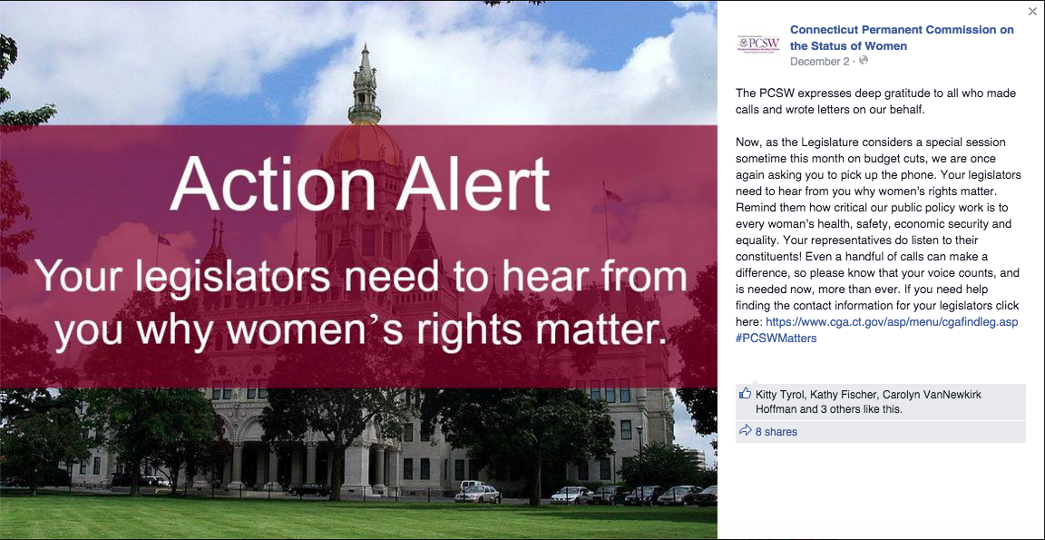 A post from December 2 on the Facebook page for the Permanent Commission on the Status of Women, asking constituents, once again, to reach out for legislators and call off the budget cuts. (Screenshot/PCSW Facebook page)