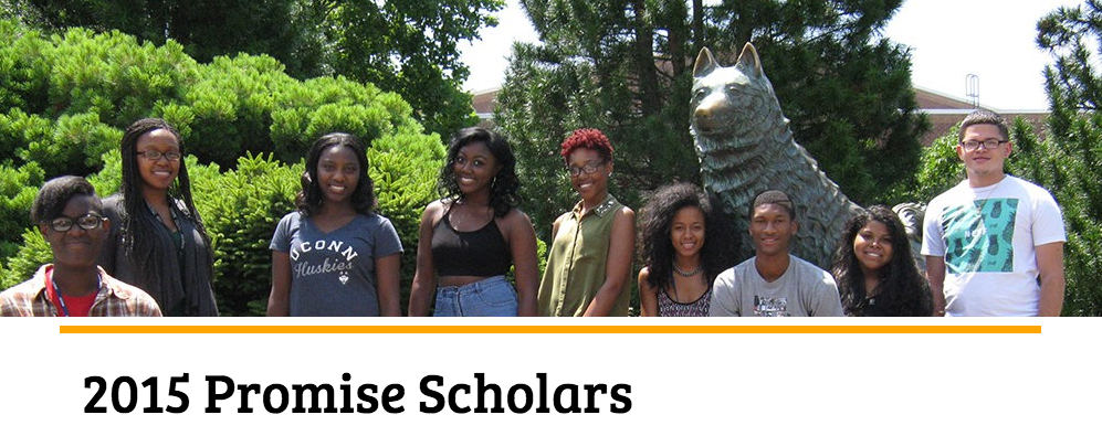 The 2015 New Haven Promise program scholars stand before the statue of Jonathan the husky on UConn's campus. (Screenshot/ NewHavenPromise.org )