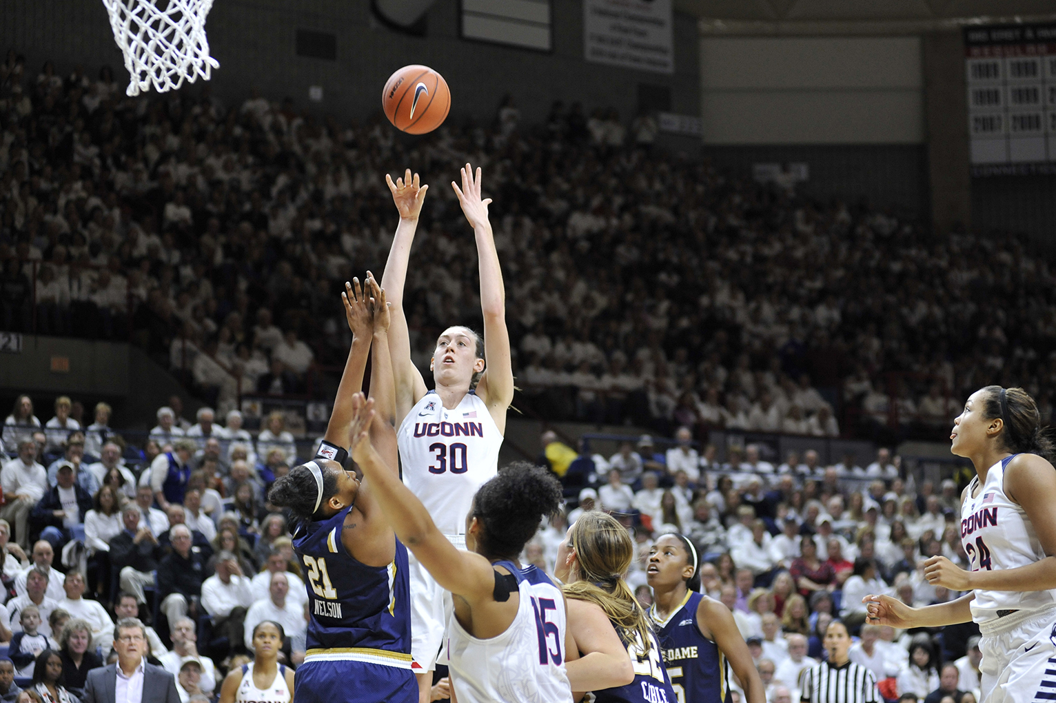 UConn women's basketball forward Breanna Stewart takes a shot during the Huskies' game against Notre Dame at Gampel Pavilion in Storrs, Connecticut on Saturday, Dec. 5, 2015. (Jason Jiang/The Daily Campus)