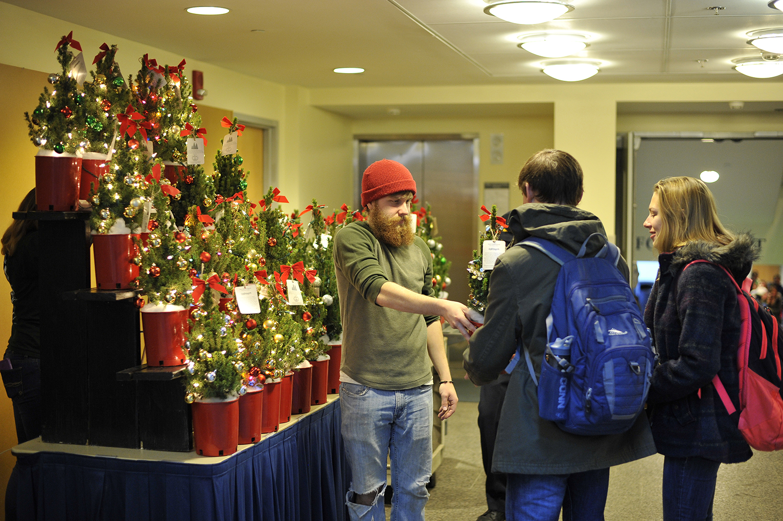 Members of the UConn Horticulture Club sell miniature decorated Christmas trees in the Student Union on Monday, Dec. 7, 2015. (Jason Jiang/The Daily Campus)