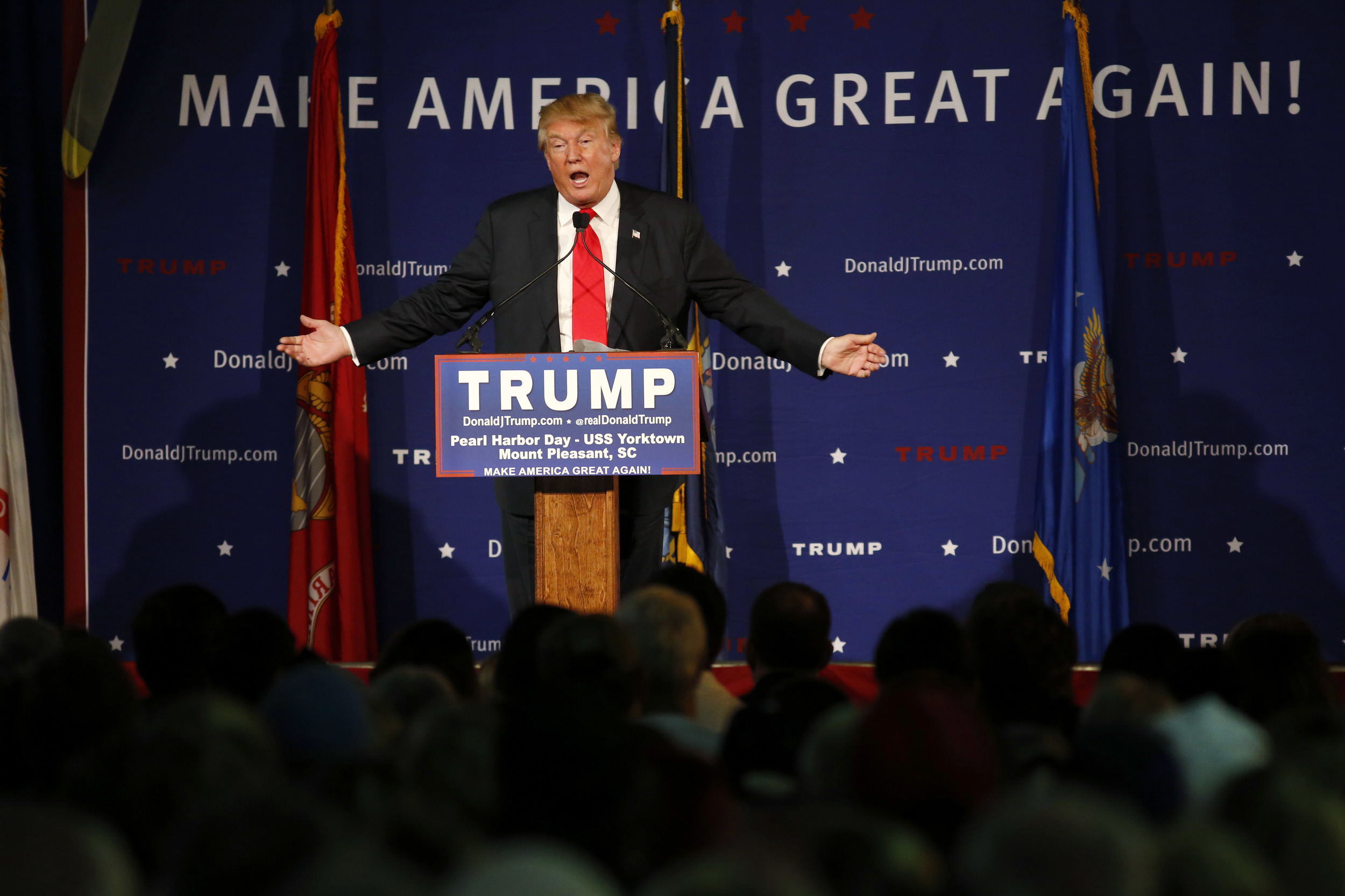 Republican presidential candidate, businessman Donald Trump, speaks during a rally coinciding with Pearl Harbor Day at Patriots Point aboard the aircraft carrier USS Yorktown in Mt. Pleasant, S.C., Monday, Dec. 7, 2015. (Mic Smith/AP)