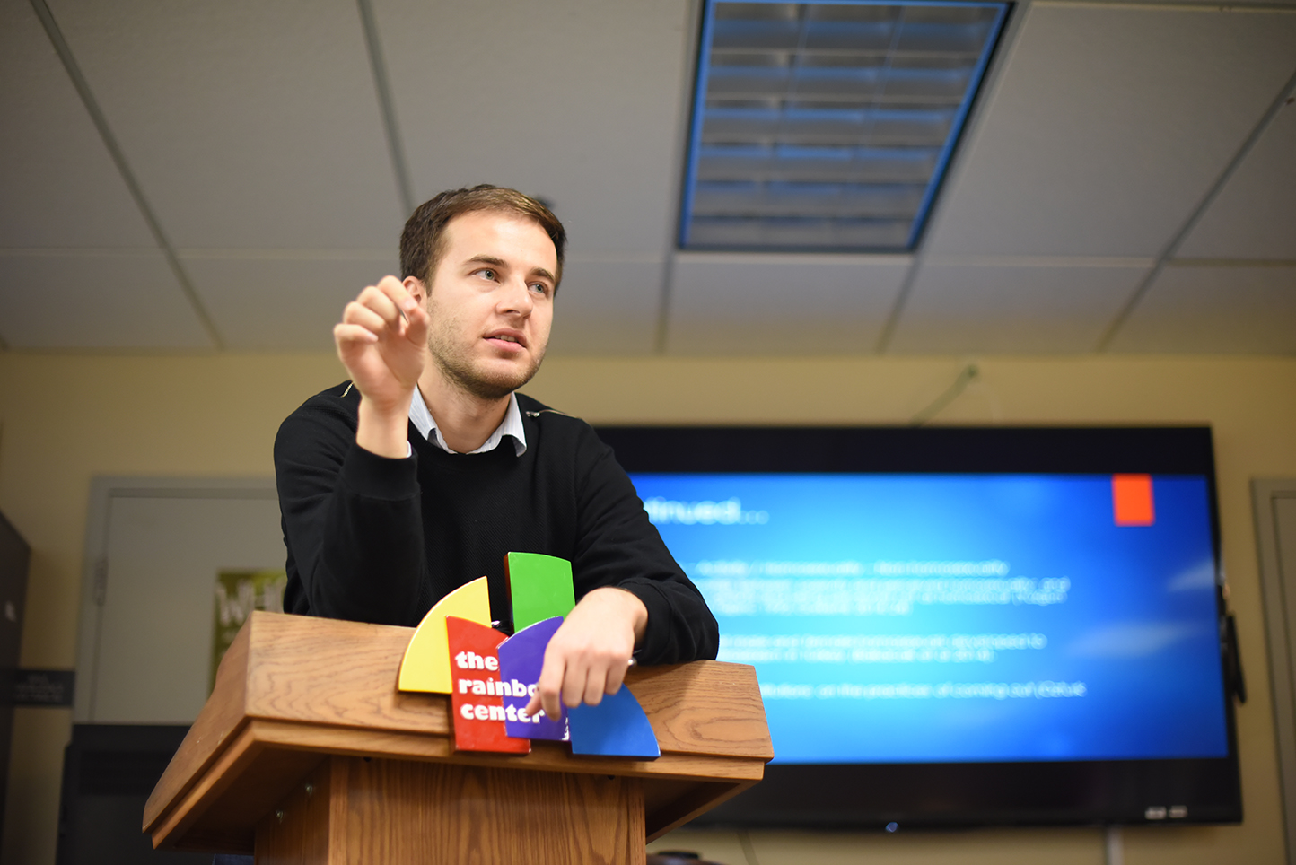 Guest lecturer Caner Hazar, a UConn Ph.D student in sociology, speaks during his lecture at the Rainbow Center in UConn's Student Union on Thursday, Dec. 10, 2015. (Allen Lang/The Daily Campus)