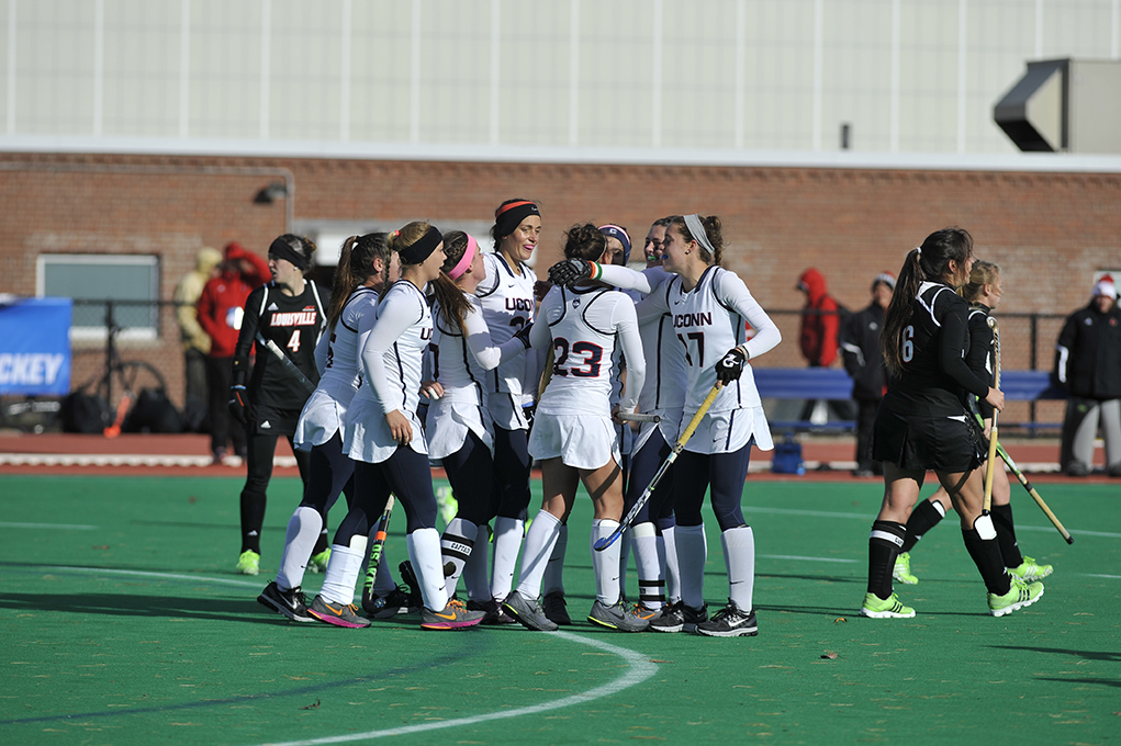 Members of the UConn field hockey team celebrate after a goal during the team's NCAA Tournament first-round game against Louisville at the Sherman Family Sports Complex in Storrs, Connecticut on Saturday, Nov. 14, 2015. (Jason Jiang/The Daily Campus)