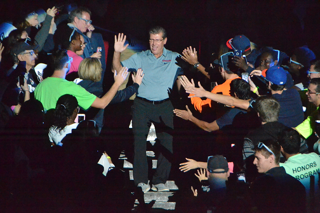 UConn women's basketball head coach Geno Auriemma greets fans during First Night. (Bailey Wright/The Daily Campus)