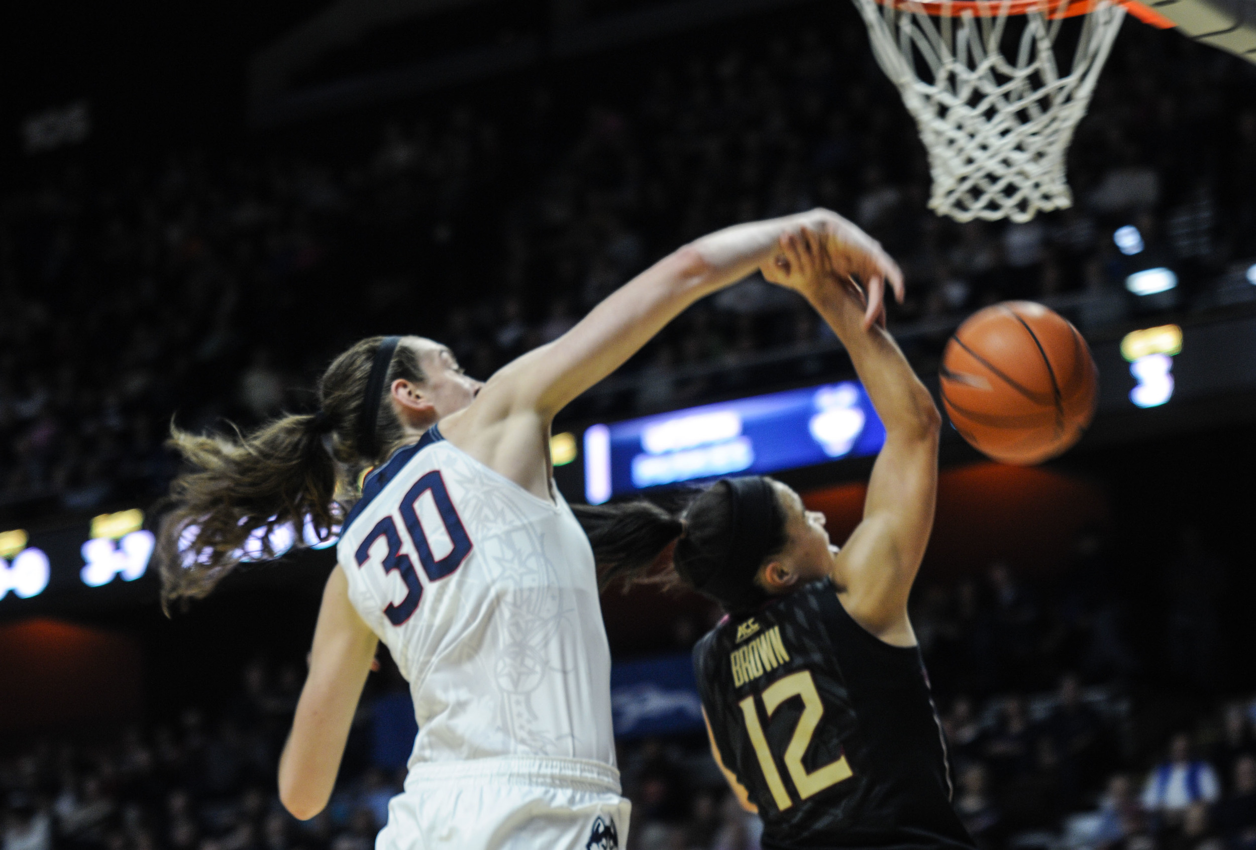 UConn forward Breanna Stewart blocks Florida State guard Brittany Brown. She finished the game with six blocks. (Bailey Wright/The Daily Campus)