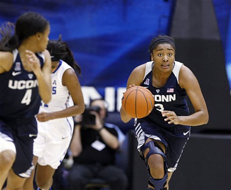 Connecticut's Morgan Tuck (3) brings the ball down court in the first half of an NCAA college basketball game against University of Memphis, Wednesday, Jan. 13, 2016, in Memphis, Tenn. (AP Photo/Karen Pulfer Focht)