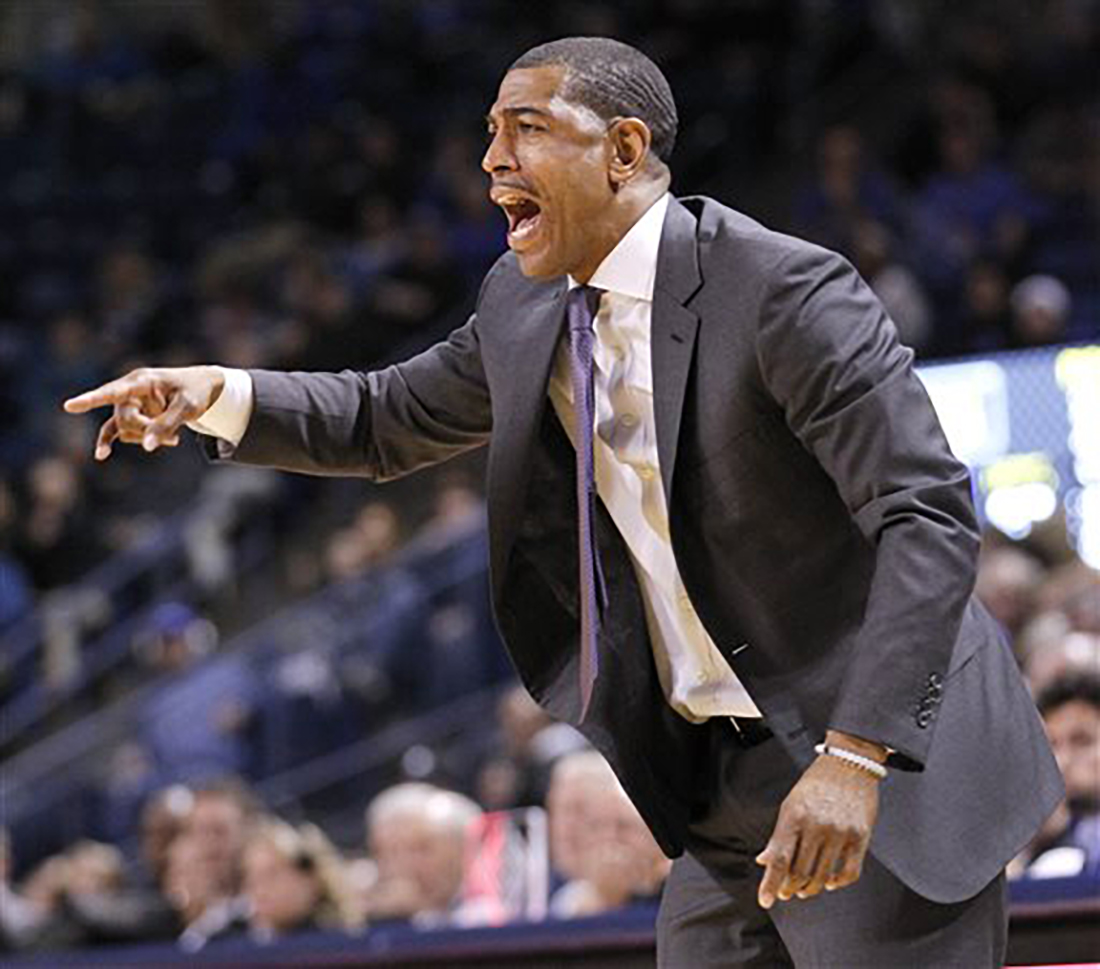 Connecticut head coach Kevin Ollie reacts to his team's offensive play during the second half of an NCAA college basketball game against Tulsa in Tulsa , Okla., Thursday, Jan. 14, 2016. Tulsa defeated UConn 60-51. (AP Photo/Dave Crenshaw)