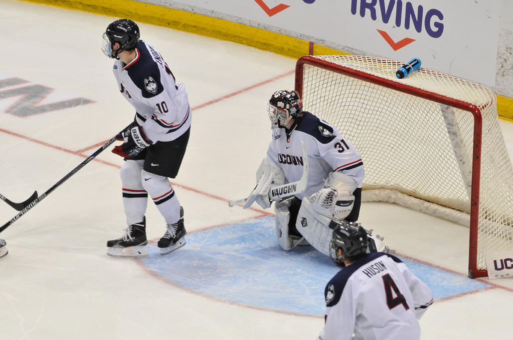 UConn men's hockey goalie Rob Nichols protects his net during the Huskies' game against Army at the XL Center in Hartford, Connecticut on Nov. 10, 2015. (Amar Batra/The Daily Campus)