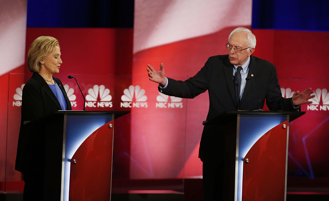 Democratic presidential candidate Sen. Bernie Sanders and presidential candidate Hillary Clinton debated different approaches to gun safety legislation at the NBC, YouTube Democratic presidential debate at the Gaillard Center, Sunday, Jan. 17, 2016, in Charleston, S.C. (AP)