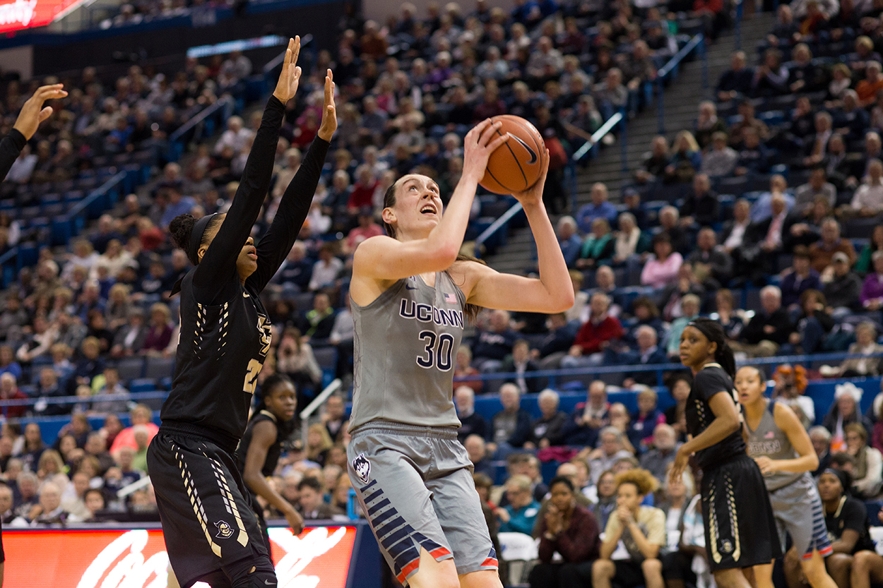 Breanna Stewart goes up for a shot during UConn's 106-51 victory over UCF at the XL Center on Jan. 20, 2016. The senior scored a game high 21 points. (Jackson Haigis/The Daily Campus)