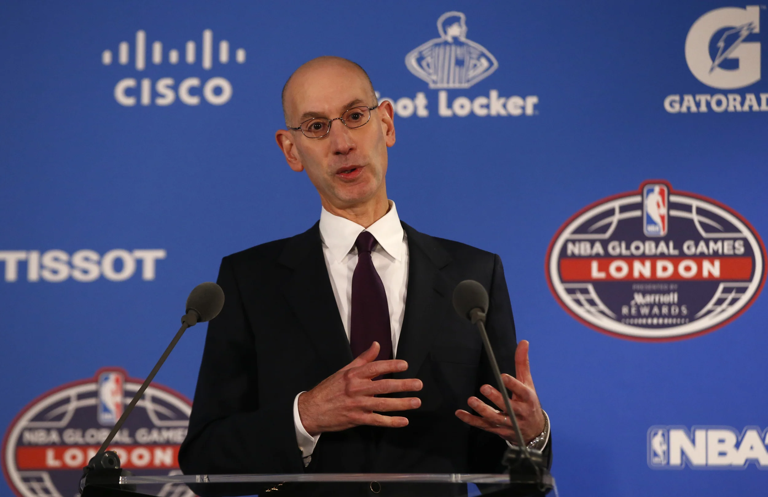 Commissioner of the NBA Adam Silver speaks to the media ahead of a regular season basketball game between Orlando Magic and Toronto Raptors at the O2 arena in London, Thursday, Jan. 14, 2016. (Alastair Grant/AP)