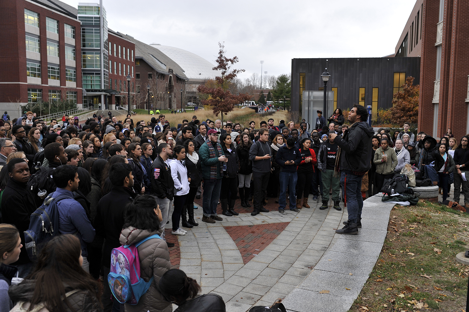 Nearly 300 UConn students gathered on Fairfield Way to show solidarity with movements against racism happening on other campuses across the country on Thursday, Nov. 19, 2015. (Jason Jiang/The Daily Campus)