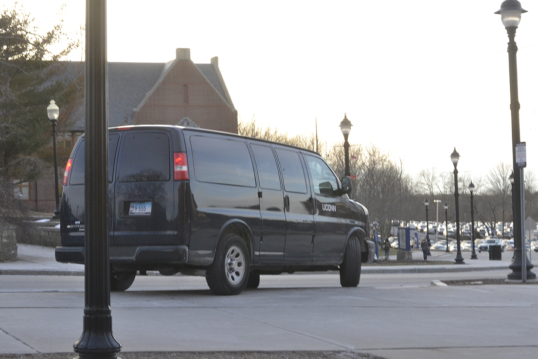 A shuttle van is seen on the UConn campus in Storrs, Connecticut on Tuesday, Jan. 19, 2016. The new service is available for travel between the UConn and the UConn Health Center in Farmington. (Rebecca Newman/The Daily Campus)