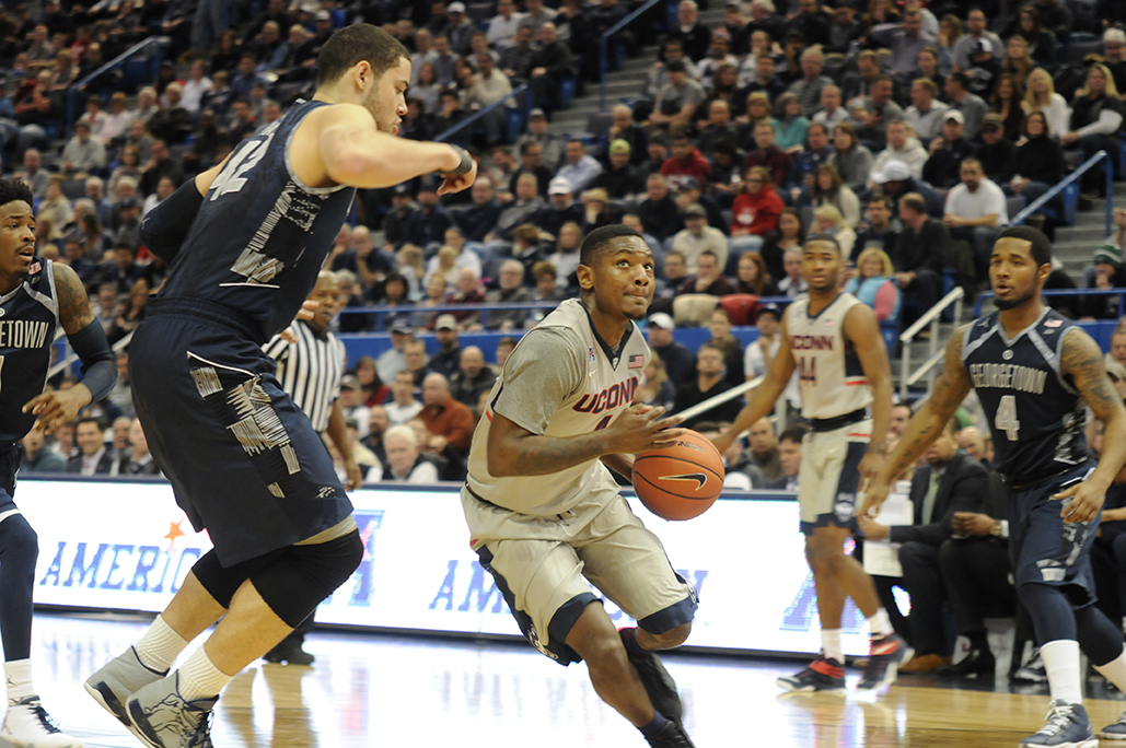 Guard Sterling Gibbs gets to the rim during UConn's victory against Georgetown at the XL Center on Jan. 23, 2016. Gibbs finished with 16 points. (Bailey Wright/The Daily Campus)