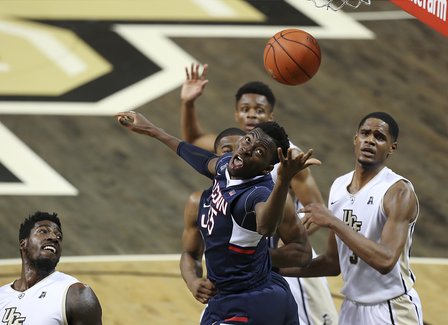 Connecticut's Amida Brimah watches his shot go up during an NCAA college basketball game against Central Florida, Sunday, Jan. 31, 2016 at the CFE Arena in Orlando, Fla. (Jacob Langston/Orlando Sentinel via AP)