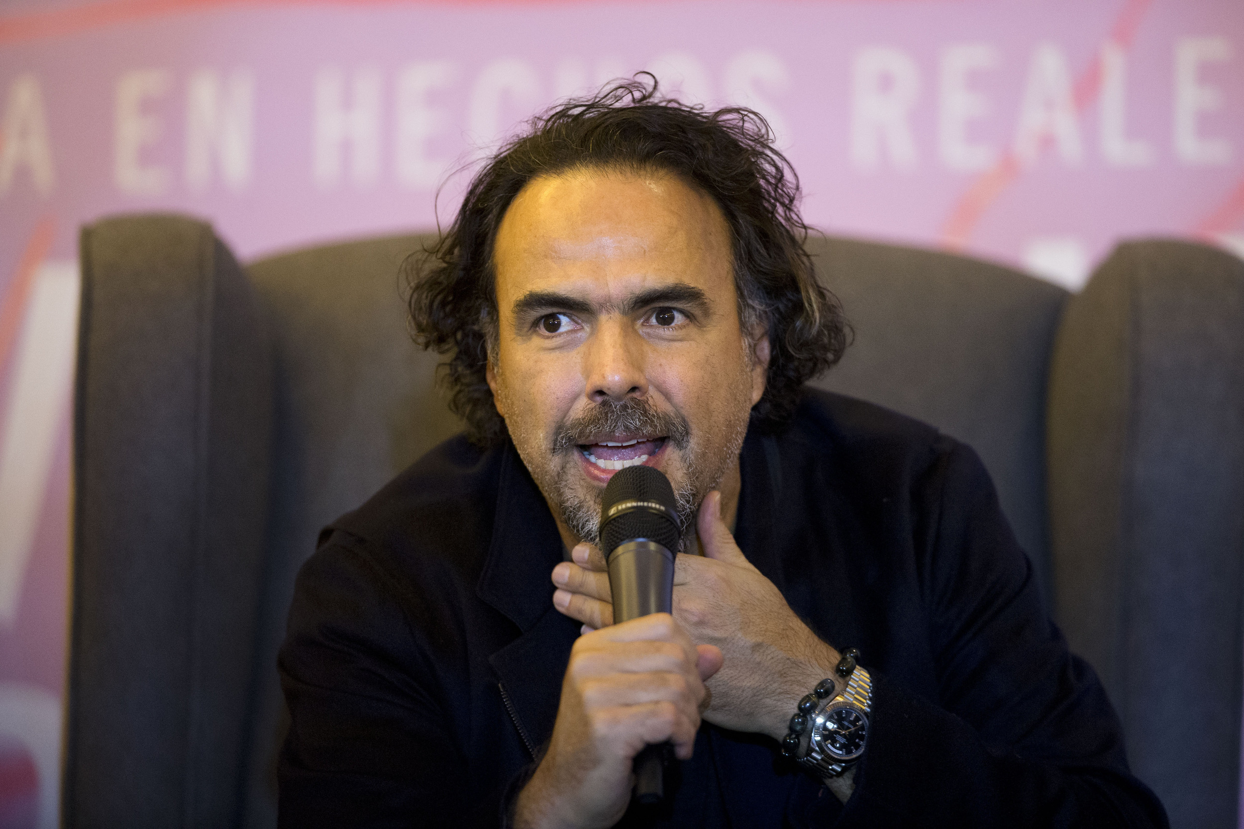 Mexican director Alejandro Gonzalez Inarritu answers questions during a press event to promote his new film "The Revenant," in Mexico City, Tuesday, Jan. 26, 2016. (Rebecca Blackwell/AP)