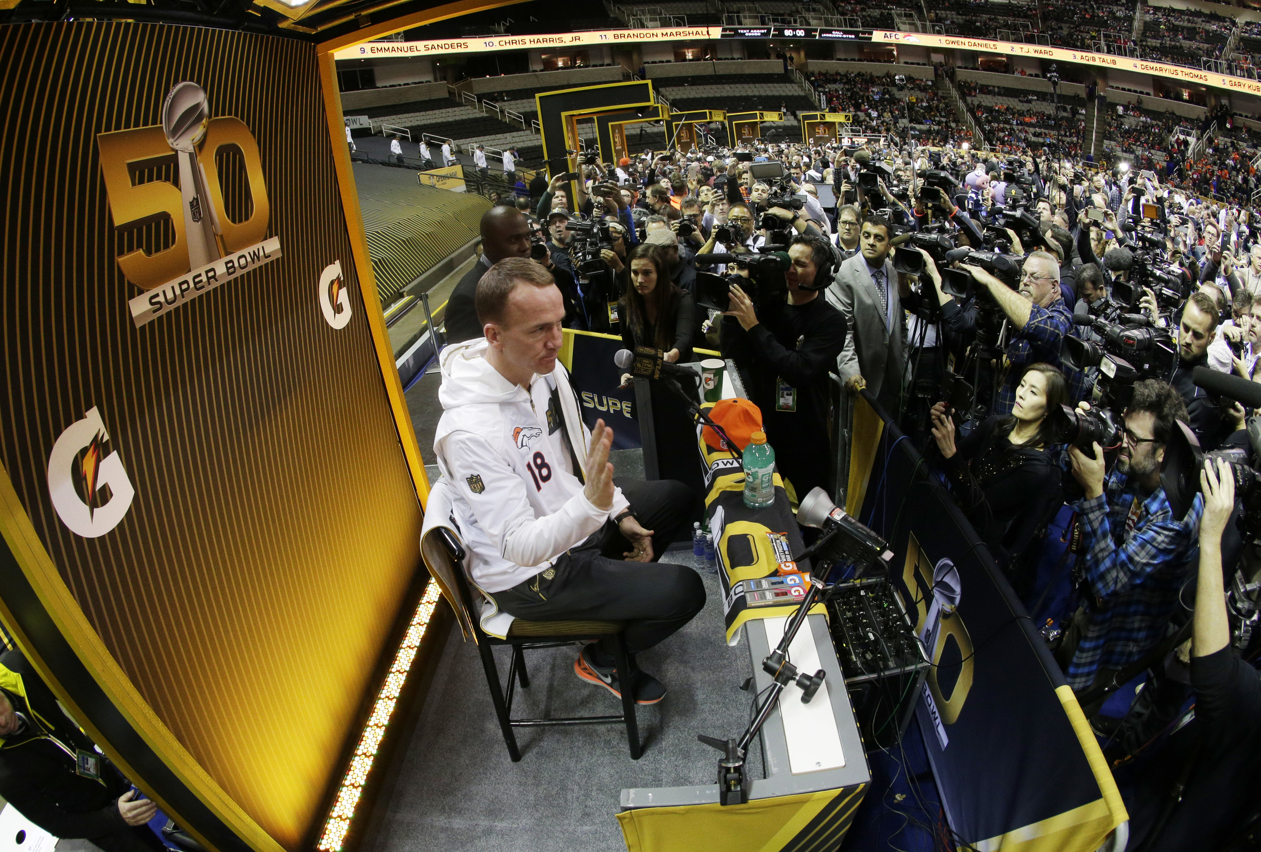 Denver Broncos quarterback Peyton Manning speaks to the media during Opening Night for the NFL Super Bowl 50 football game Monday, Feb. 1, 2016, in San Jose, Calif. (Charlie Riedel/AP)