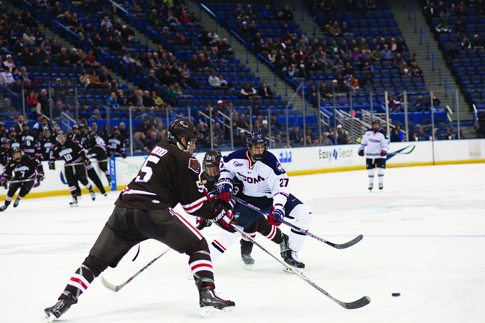 UConn freshman Max Letunov works to get the puck during Tuesday's 3-1 victory over Brown at the XL Center. (Jackson Haigis/The Daily Campus)
