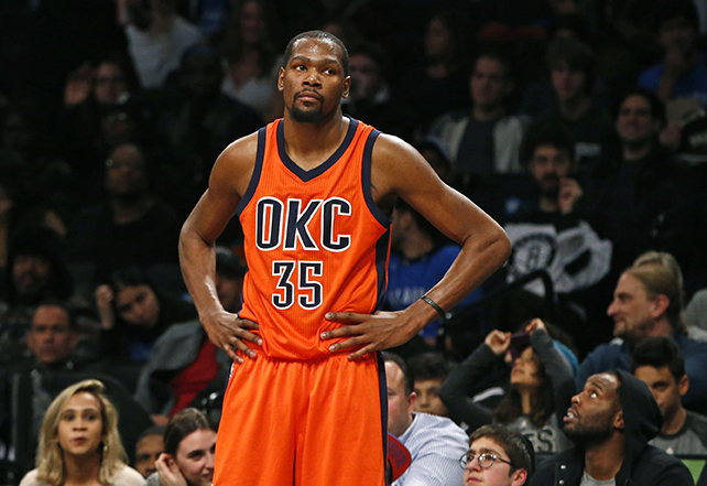 Oklahoma City Thunder forward Kevin Durant (35) reacts in the second half of an NBA basketball game against the Brooklyn Nets, Sunday, Jan. 24, 2016, in New York. Durant had 32 points but the Nets upset the Thunder 116-106. (AP Photo/Kathy Willens)