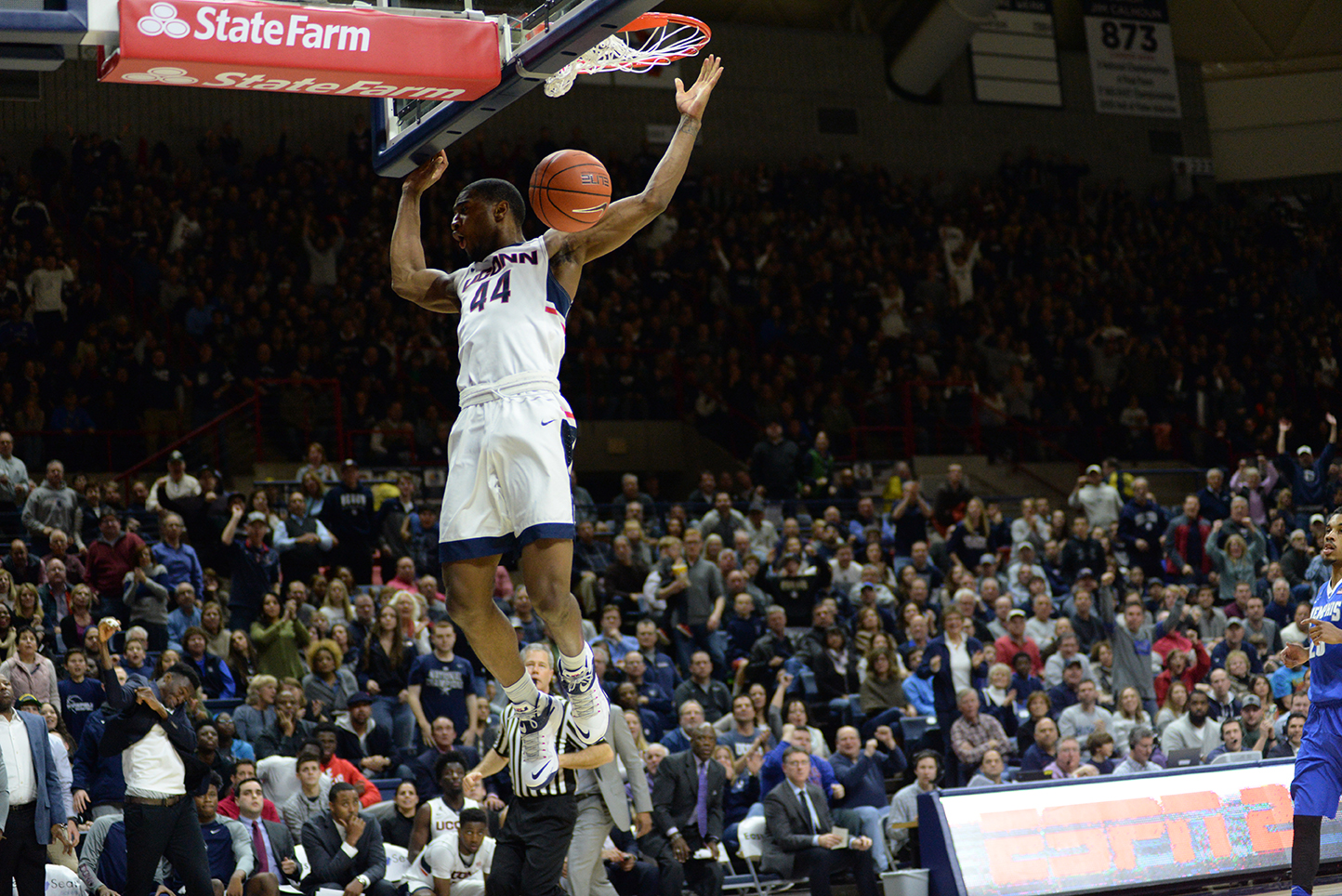 Guard Rodney Purvis soars in for a dunk during UConn's 81-78 win over Memphis at Gampel Pavilion on Jan. 9, 2016. The Huskies will take on the Tigers on Thursday. (Ashley Maher/The Daily Campus)