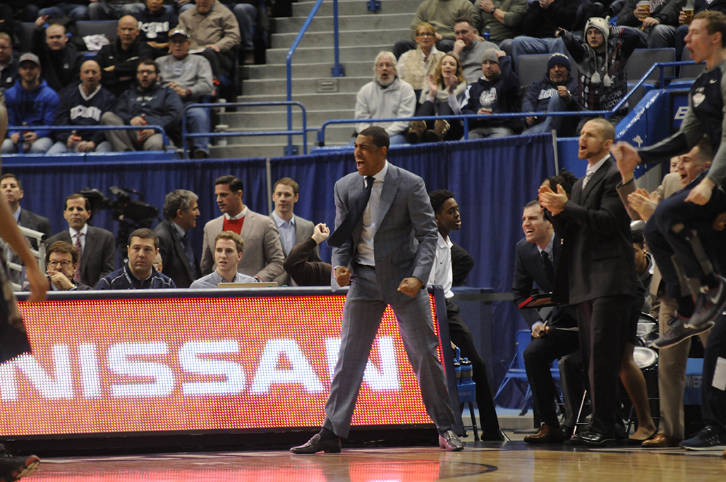 UConn head coach Kevin Ollie yells passionately during a victory over Georgetown at the XL Center on Jan. 23, 2016. Ollie has been a public supporter of the American Athletic Conference, but it was clear from the atmosphere against Georgetown that the fanbase years for a better home. (Ashley Maher/The Daily Campus)