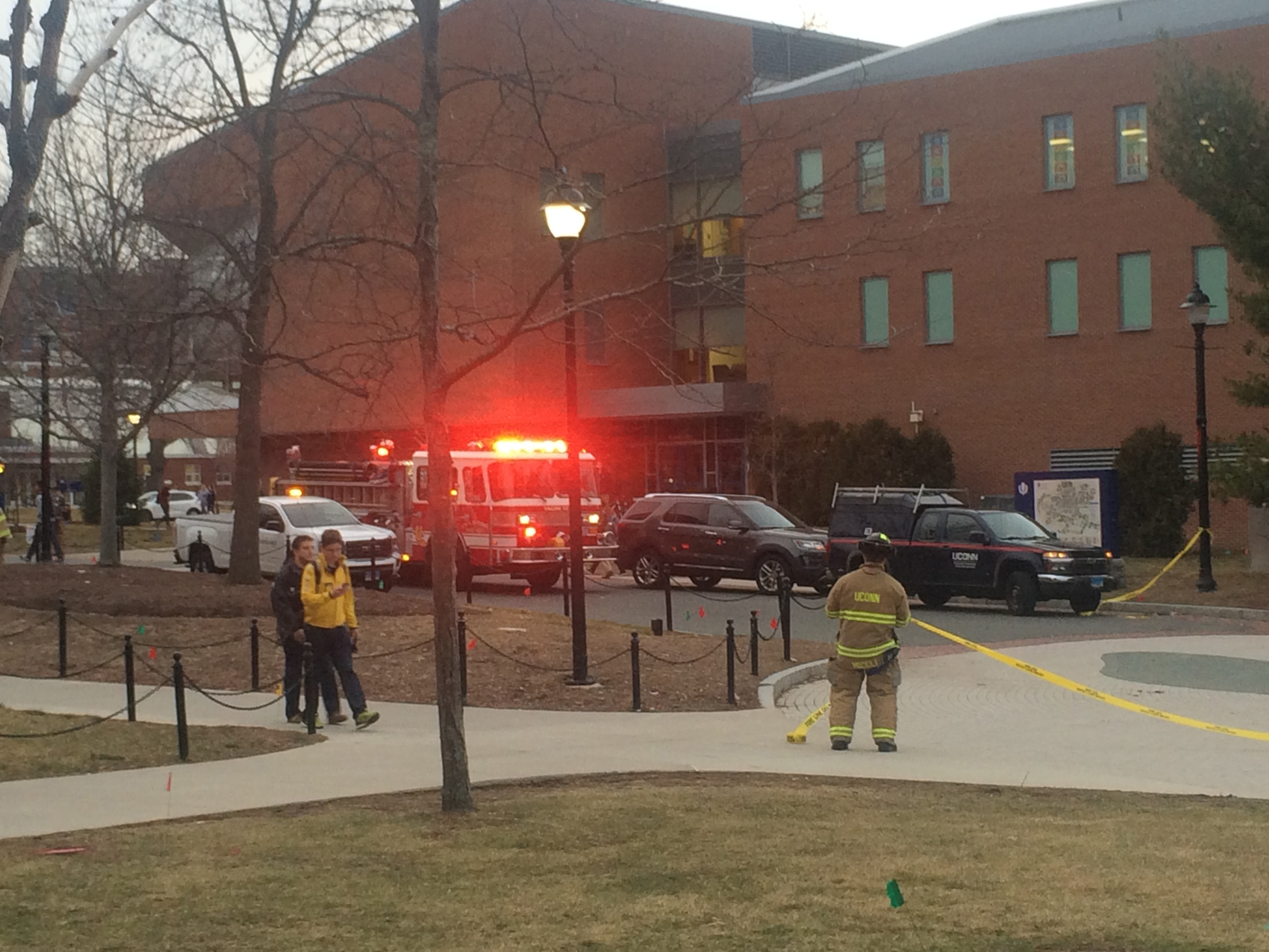 A UConn Fire Department fire engine is seen along with Facilities Operations & Building Services vehicles outside the UConn Student Union responding to electrical issues near Laurel Hall on Thursday, Feb. 4, 2016. (Ashley Maher/The Daily Campus)
