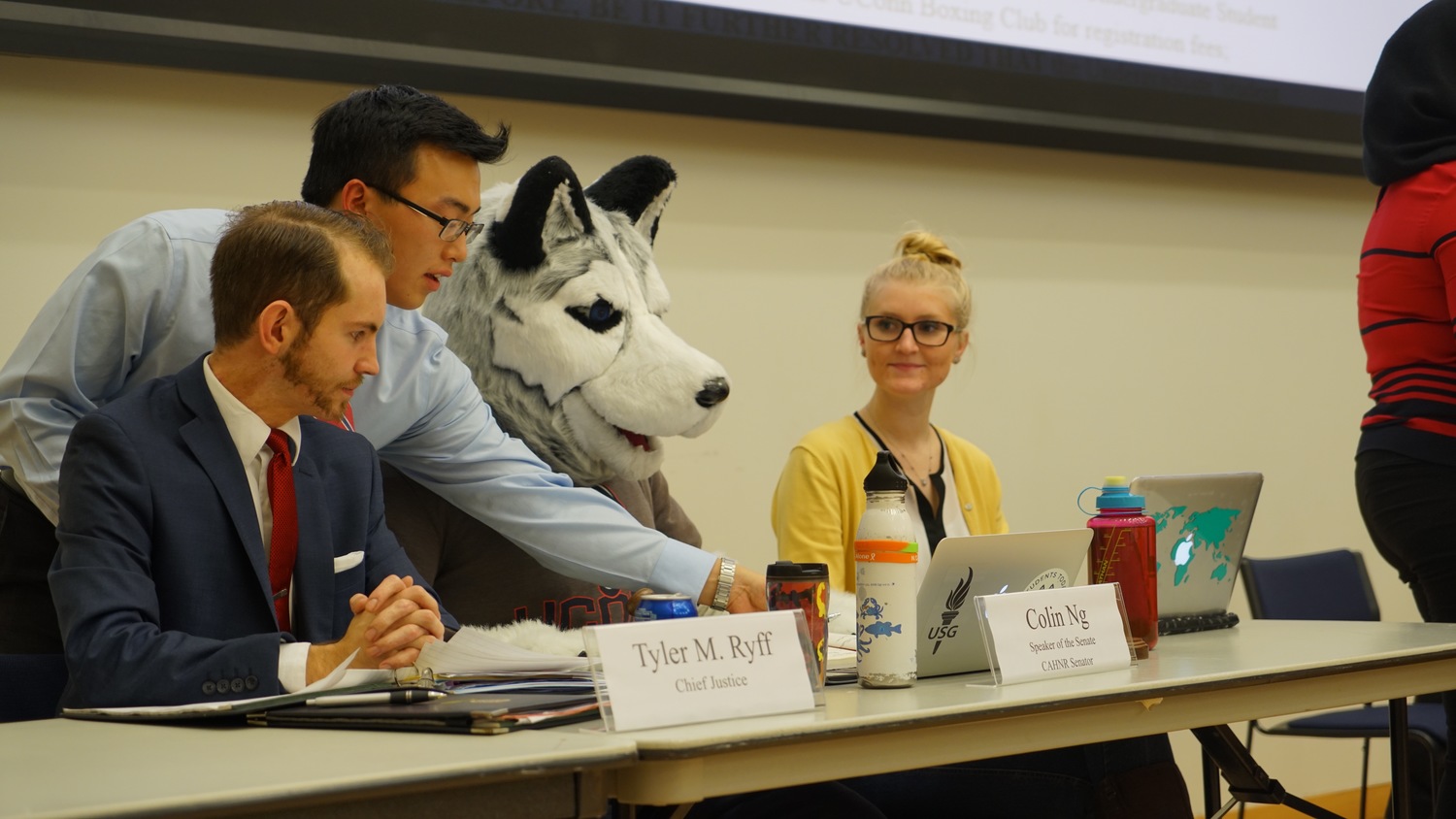 The funding board discusses proposals with Jonathan at the Feb. 3 meeting. (Erming Gao/Daily Campus)