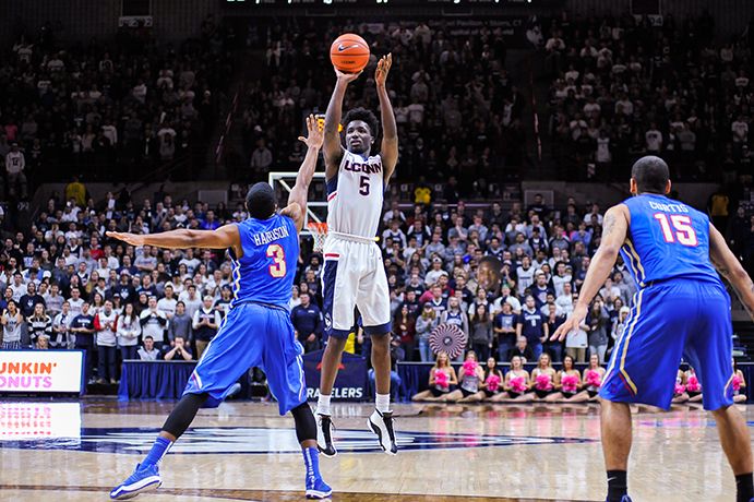 Daniel Hamilton rises for a jump shot during UConn's 75-73 win over Tulsa at Gampel Pavilion on Saturday Feb. 13, 2016. (Jason Jiang/The Daily Campus)