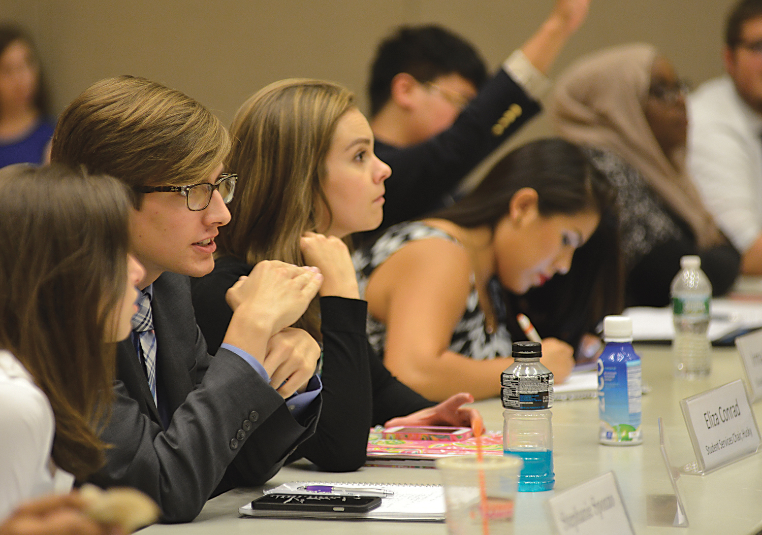 USG senator Daniel Byrd (middle) speaks with fellow senators during the Undergraduate Student Government's meeting in the Student Union on Wednesday, Sept. 16, 2015. (Jason Jiang/The Daily Campus)