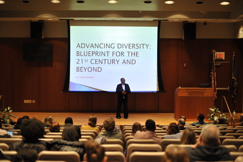 Lisa McBride talks about the job of Chief Diversity officer and the process it takes to make the university more diversified. (Jason Jiang/Daily Campus)