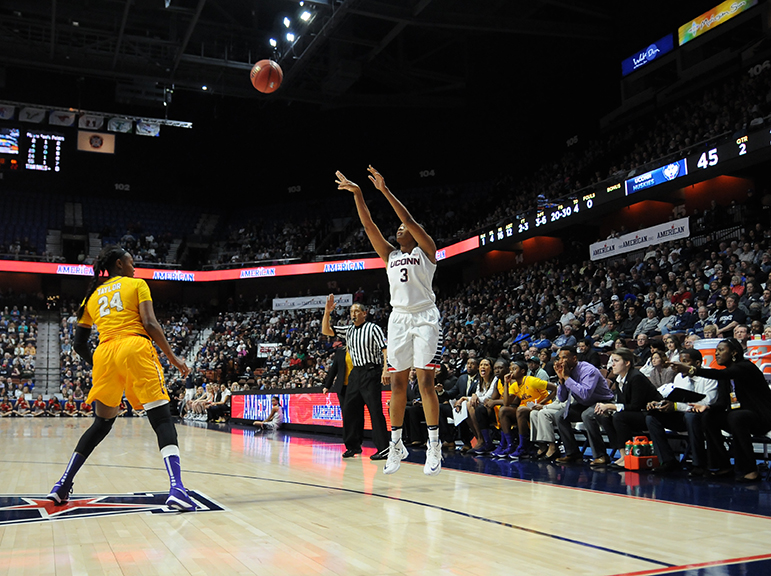 Morgan Tuck goes up for a jump shot during UConn's 92-51 victory over East Carolina during the quarterfinals of the American Athletic Conference tournament at Mohegan Sun on Saturday March 5, 2016. Tuck had 16 points, tied for the team lead. (Bailey Wright/The Daily Campus)