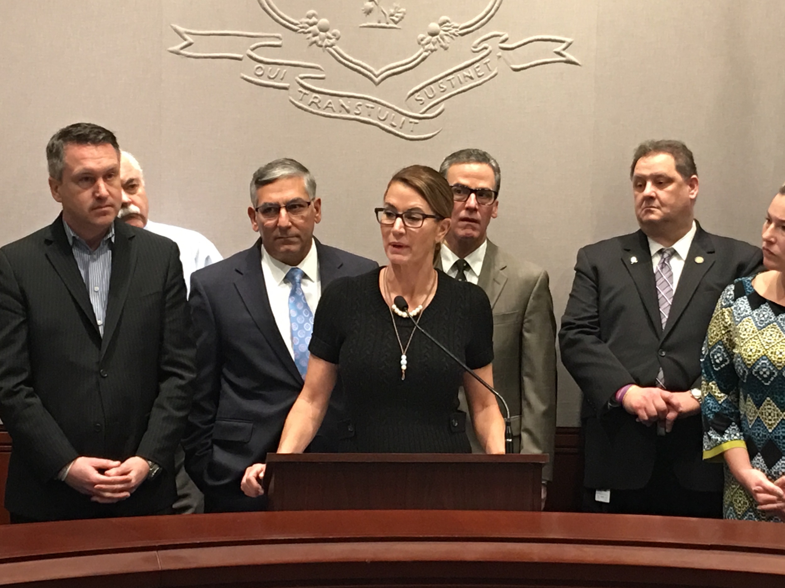 House Minority Leader Themis Klarides, R-Derby, answers questions from the media during a press conference at the Legislative Office Building in Hartford Tuesday. The university could face $17 million in additional state funding cuts if the Republican plan is approved. (Kyle Constable/The Daily Campus)