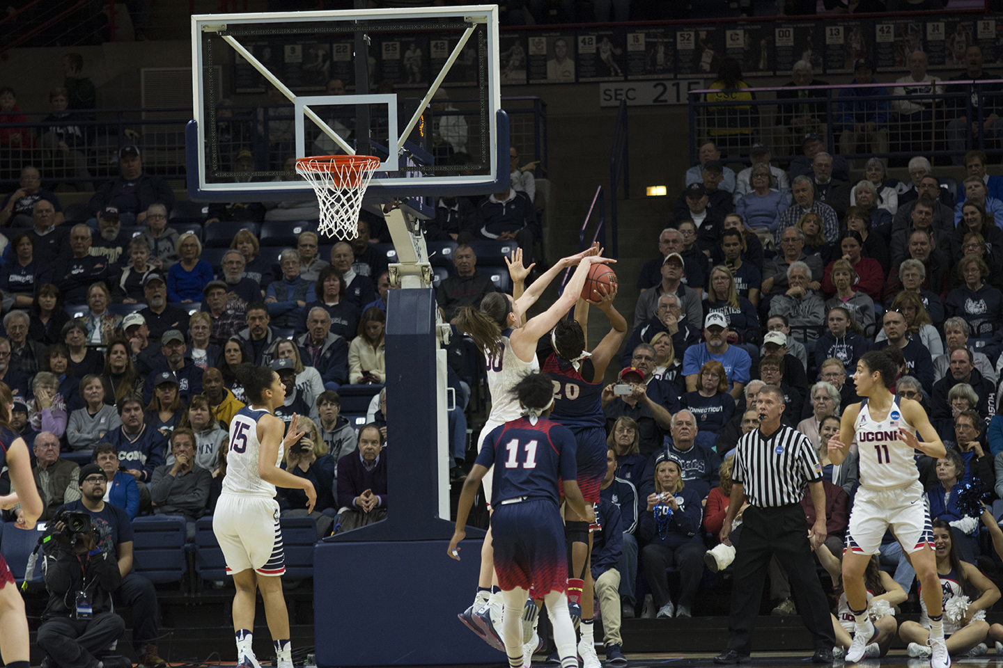 Senior forward Breanna Stewart blocks a shot during UConn's 101-49 victory over Robert Morris in the first round of the NCAA tournament at Gampel Pavilion on Saturday March 19, 2016. Stewart became UConn's all-time leader in blocked shots, passing Rebecca Lobo. Stewart's three blocks against Robert Morris pushed her career total to 398. (Bailey Wright/The Daily Campus)
