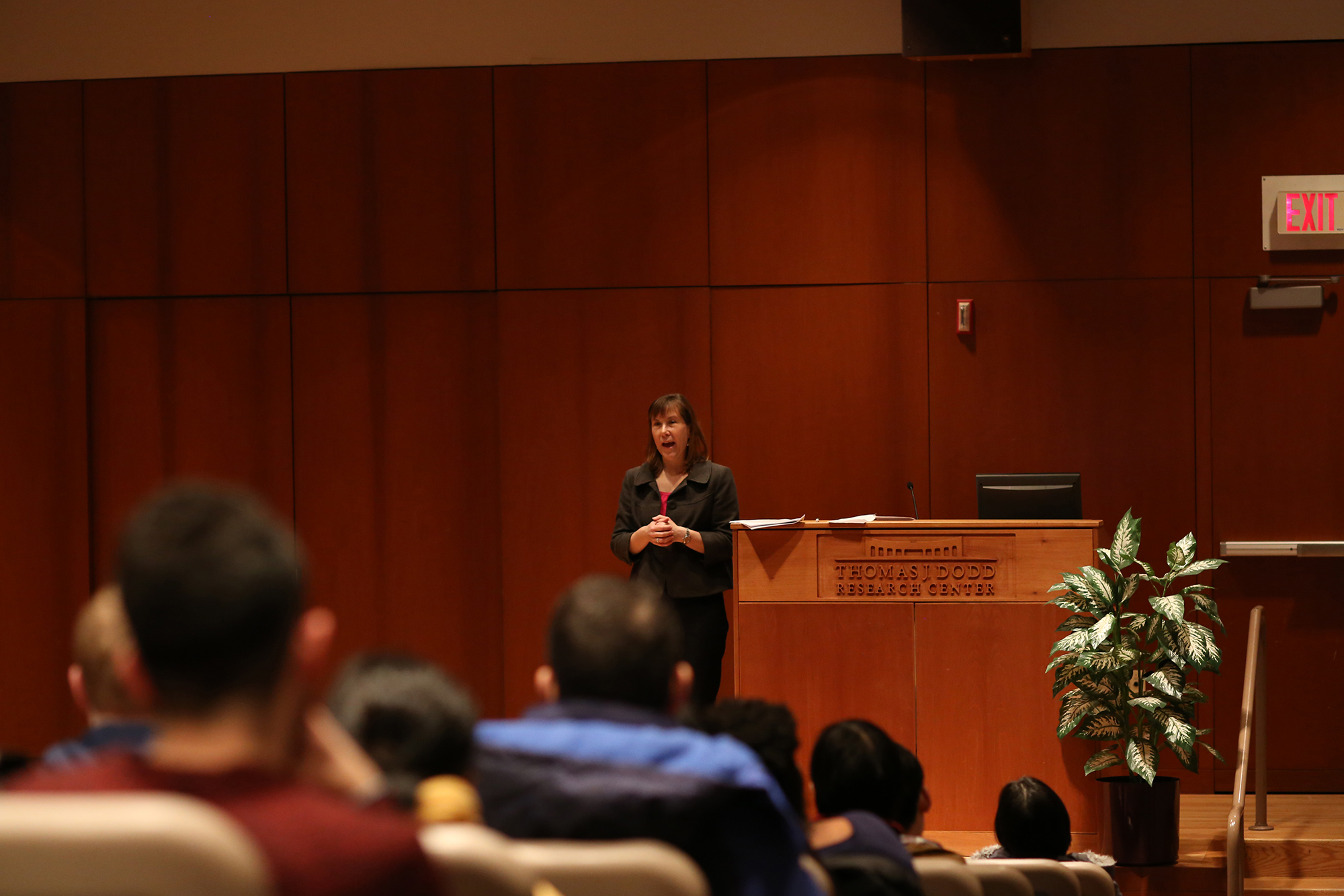 Author Susan Basalla speaks during her lecture in the Thomas J. Dodd Center's Konover Auditorium in Storrs, Connecticut on Monday, March 28, 2016. (Jackson Haigis/The Daily Campus)