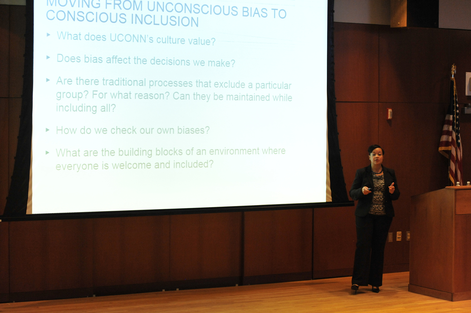 Joelle Murchison, currently vice president of enterprise diversity and inclusion at Travelers Insurance Company, speaks during her presentation for Chief Diversity Officer in the Thomas J. Dodd Research Center's Konover Auditorium in Storrs, Connecticut on Monday, Feb. 29, 2016. Murchison official hiring was announced at the Board of Trustees meeting on Wednesday, March 30, 2016. (Jason Jiang/The Daily Campus)