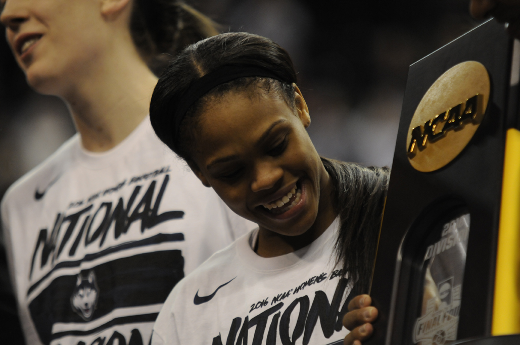 Moriah Jefferson celebrates after winning her fourth national championship at the Banker's Life Fieldhouse. UConn has won 11 national championships under Geno Auriemma. (Bailey Wright/The Daily Campus)
