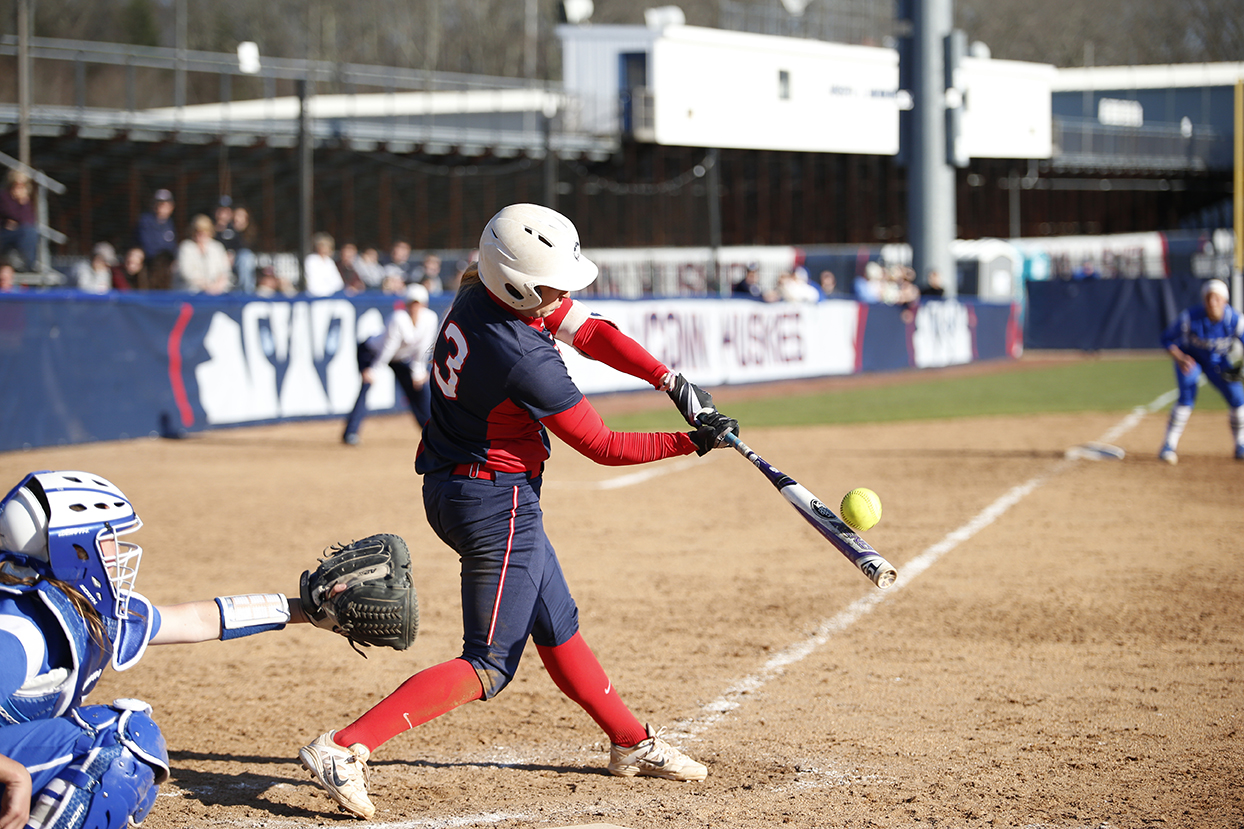 Alyson Ambler makes contact during UConn's 6-0 win over CCSU at the Burrill Family Field on Wednesday April 13, 2016. Ambler is hitting .283 on the season. (Tyler Benton/The Daily Campus) 