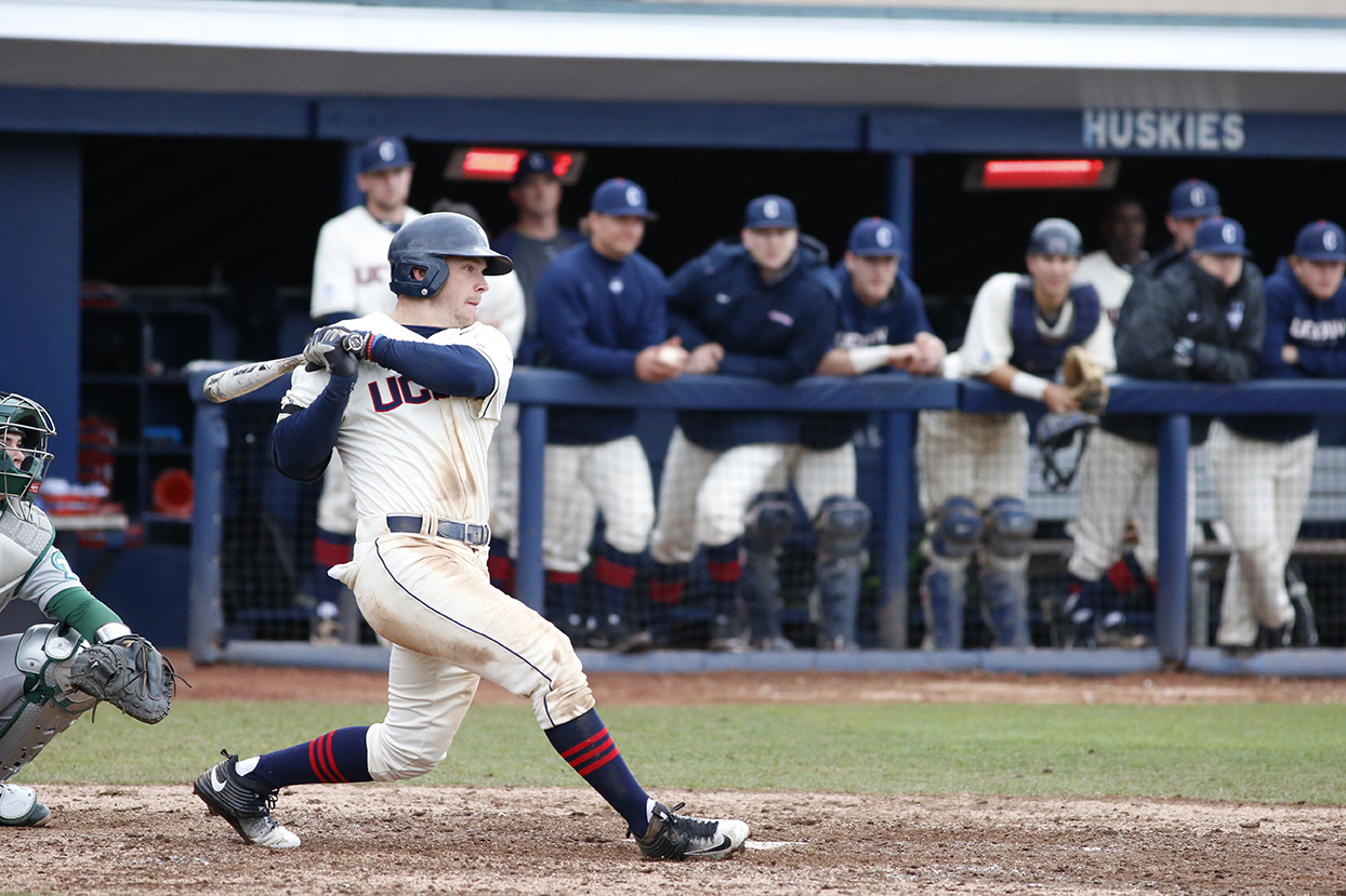 Centerfielder Jack Sundberg hits during UConn's loss to Tulane 14-5 loss to Tulane at J.O. Christian Field on April 2, 2016. Sudberg leads the team with a .316 batting average. (Tyler Benton/The Daily Campus)