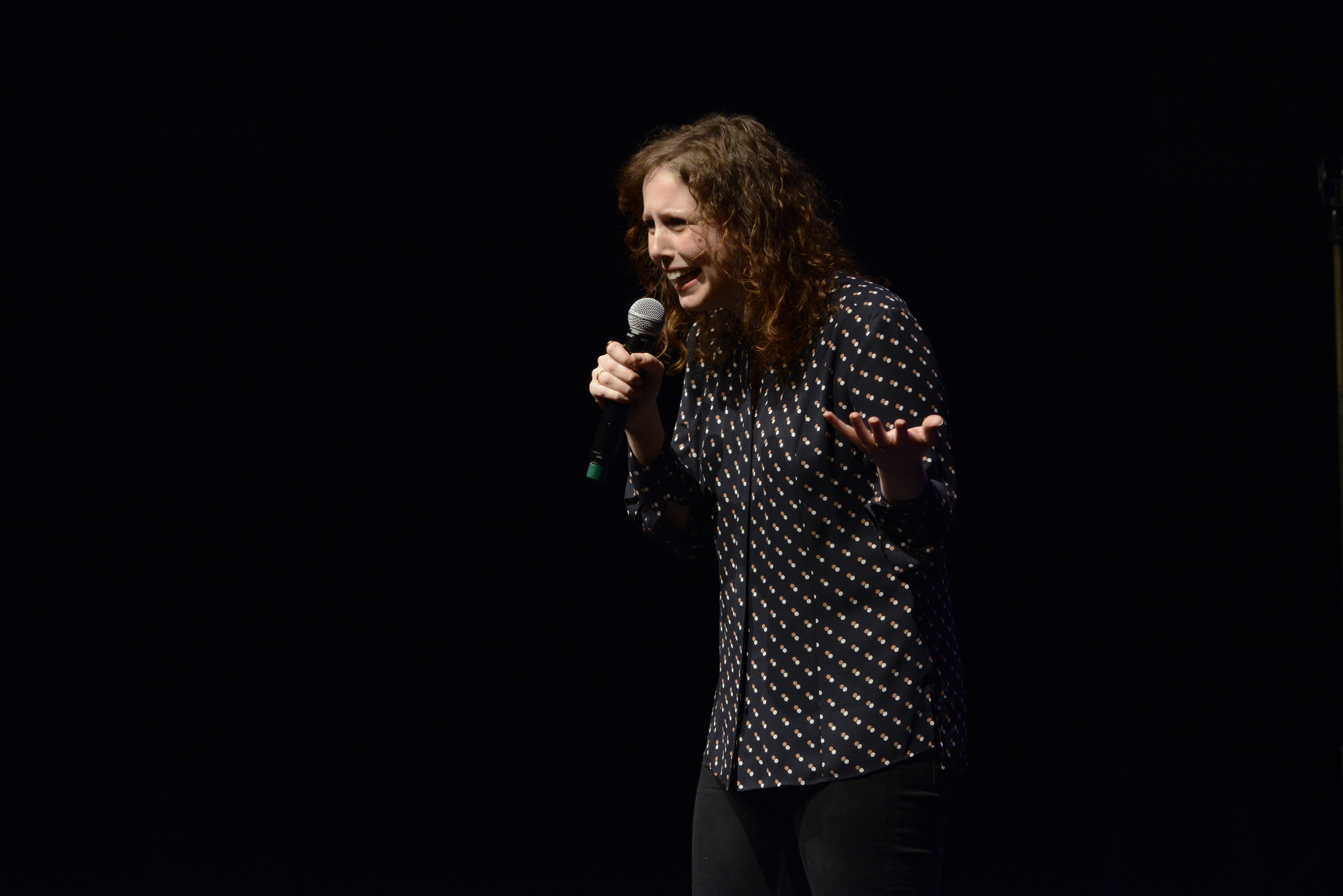 Comedian Vanessa Bayer, a regular cast member on "Saturday Night Live," performs during a Spring Weekend comedy show in the Jorgensen Center for the Performing Arts in Storrs, Connecticut on Friday, April 22, 2016. (Jason Jiang/The Daily Campus)