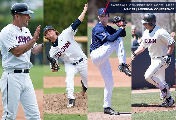 From left, manager Jim Penders, Anthony Kay, Tim Cate and Joe DeRoche-Duffin are seen in action. These four were given major awards on Monday from the American Athletic Conference. ( @UConnBaseball )