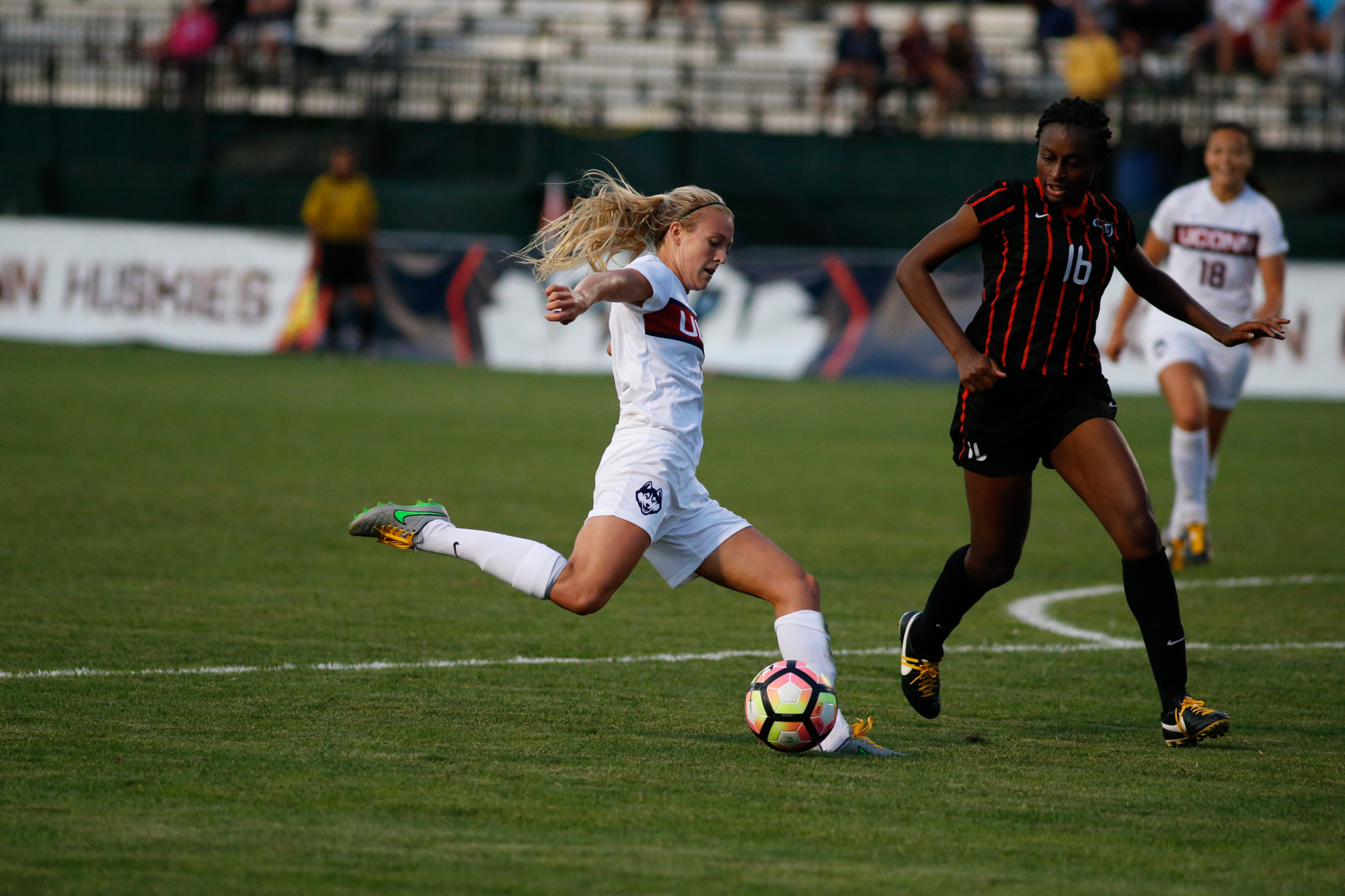 Senior forward Rachel Hill drives past a defender during the Huskies victory over Pacific on Friday, Sept. 2. (Tyler Benton/The Daily Campus)
